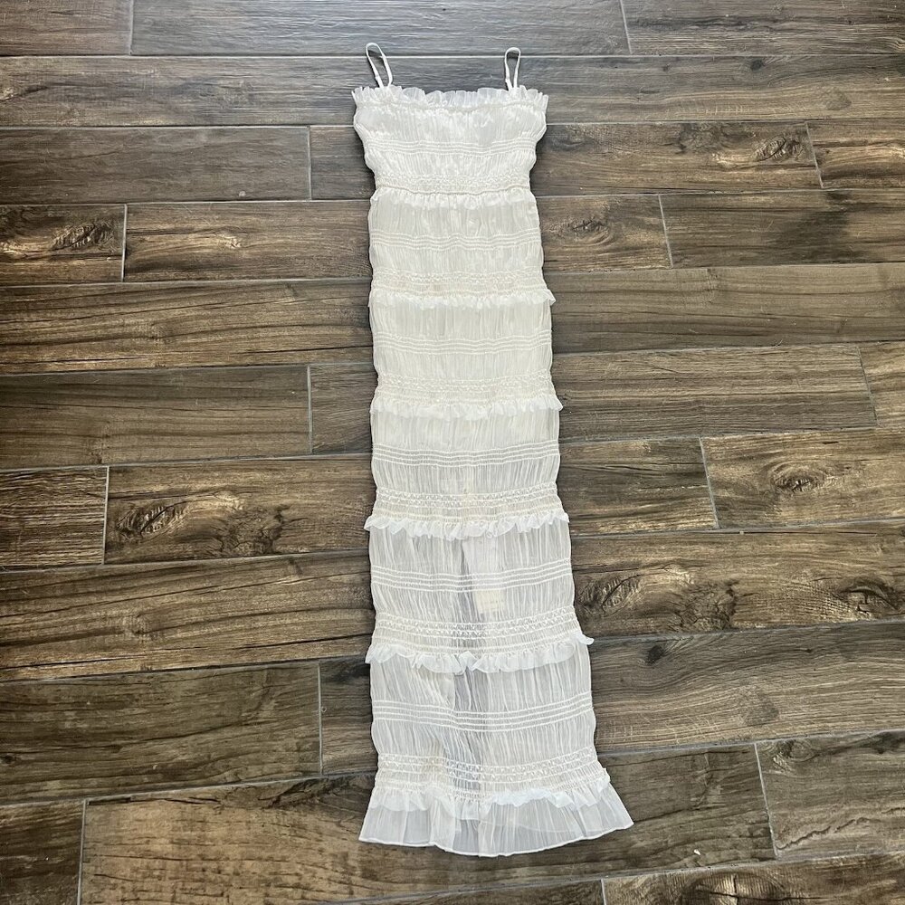 Commense White Maxi Dress Slit Ruffle Beaded Medium (218)